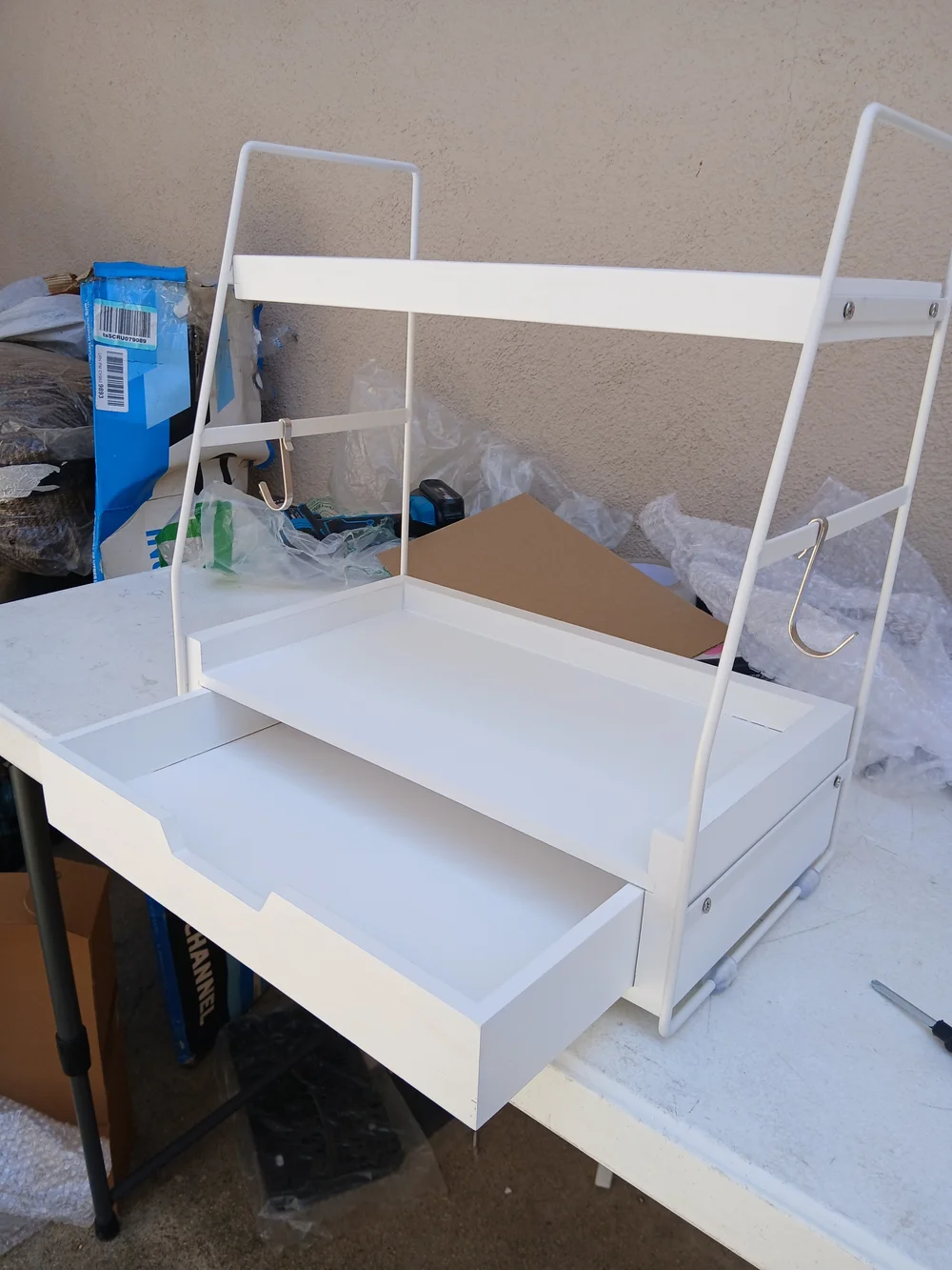 White Metal Desk Organizer with Drawer and Pen Cup